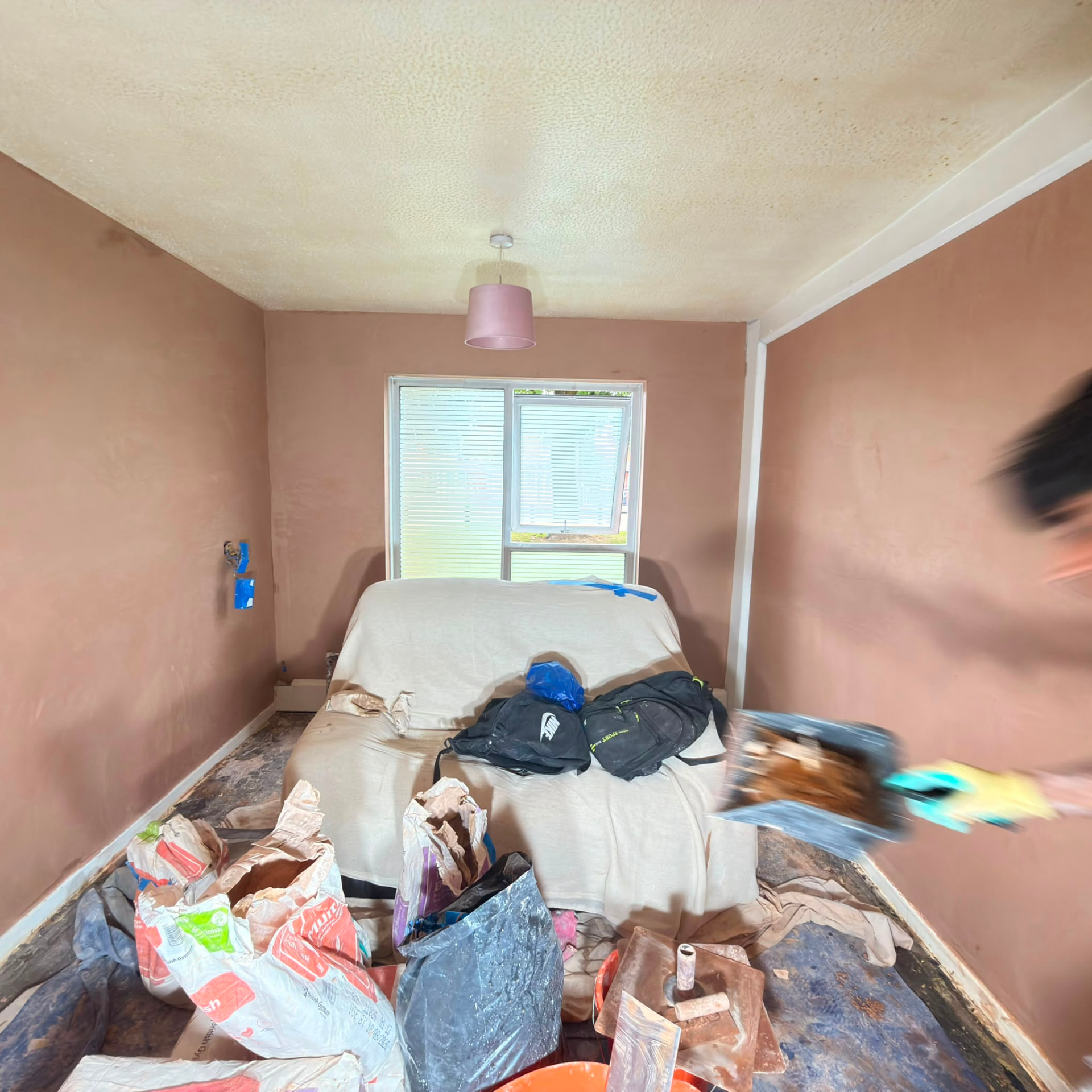 Bedroom re-skim in progress, Greater Manchester