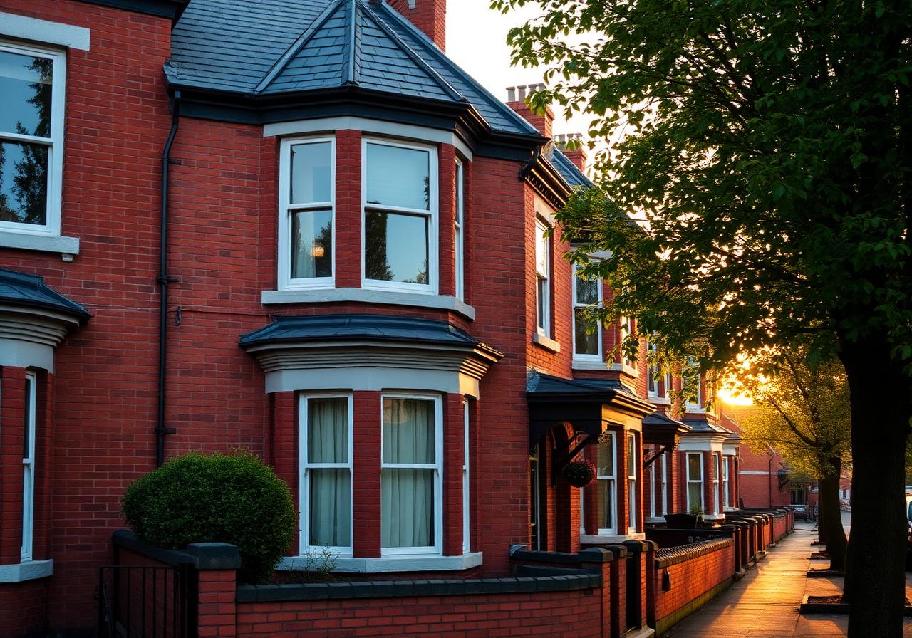 Chorlton red-brick Victorian terrace street at golden hour